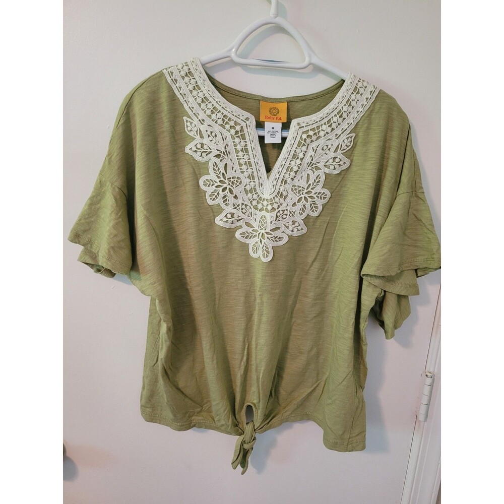 Ruby Rd Cotton Lace Tie Front T-Shirt Size Medium
